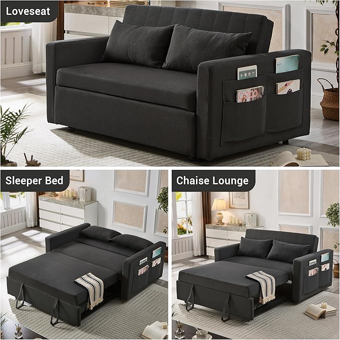 55.5" Fabric Convertible Sofa Bed, Pull Out Sleeper Sofa Bed, Loveseat Couch with Side Pocket, 3 in 1 Convertible Sleeper Sofa Bed for Living Room, Apartment, Bedroom, RV, Black