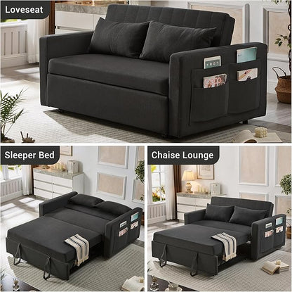 55.5" Fabric Convertible Sofa Bed, Pull Out Sleeper Sofa Bed, Loveseat Couch with Side Pocket, 3 in 1 Convertible Sleeper Sofa Bed for Living Room, Apartment, Bedroom, RV, Black