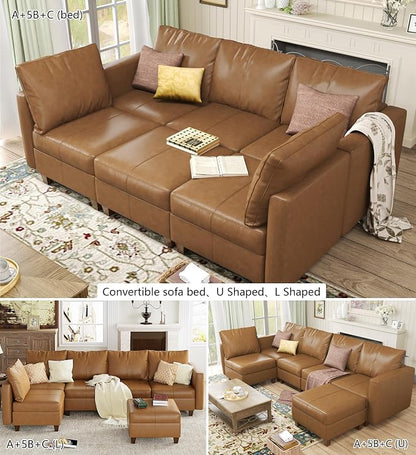 EASE MOOSE Faux Leather Modular Sleeper Couch Sectional Sofa Bed with Storage,Convertible Faux Leather Sectional Sofa,Brown