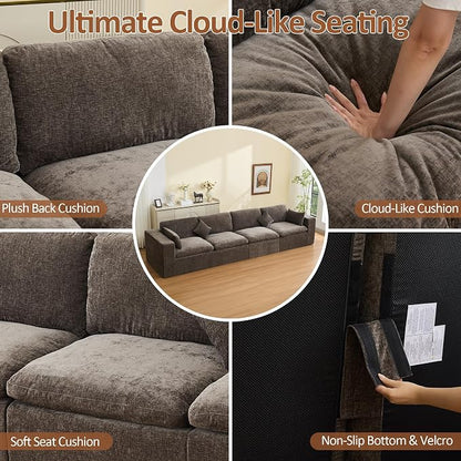 146''Cloud Boneless Sectional Couch, Modular Sectional Sofa Deep Seat, Oversized Upholstered Convertible Comfy 4 Seater Chenille Memory Foam Sofa Couches for Living Room, Brown