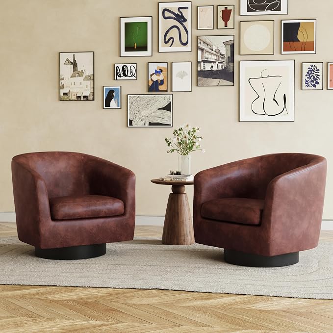 360° Swivel Barrel Accent Chair Armchair, PU Leather Round Club Arm Chair for Lving Room, Modern Upholstered Small Bedroom Single Sofa Seat - Red Brown, Set of 2