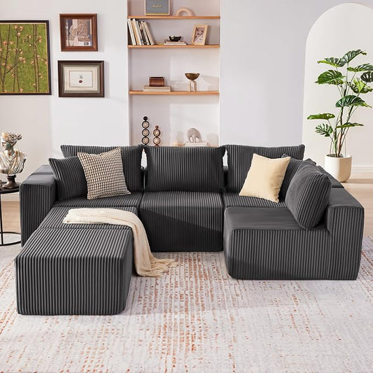 Weture 135.4" Cloud Couch Sectional, Modular Sectional Sofa with Deep Seat, Plush Corduroy U Shaped Boneless Couch, Convertible Sectional Couches for Living Room, 6Seat, Grey