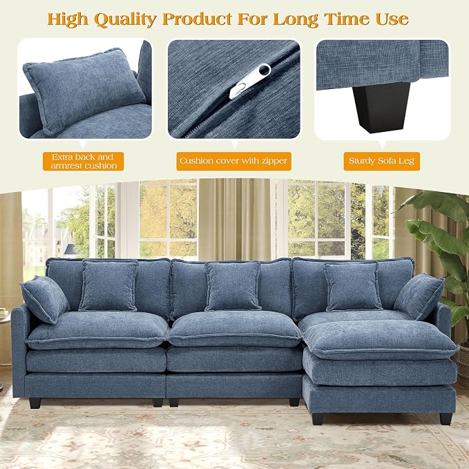 113.4" Modular Sectional Sofa,Cloud Couch for Living Room, Modern Deep Seat Sofa 3 Seater Chenille Fabric Comfy Couches with Throw Pillows & Ottoman for Apartment