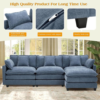 113.4" Modular Sectional Sofa,Cloud Couch for Living Room, Modern Deep Seat Sofa 3 Seater Chenille Fabric Comfy Couches with Throw Pillows & Ottoman for Apartment
