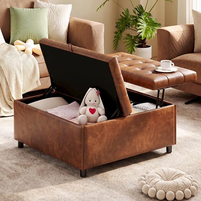 Brown Leather 36 Inch Extra Large Lift Top Living Room Storage Ottoman | LINLUX Tufted Upholstered Shoe Storage Entry Bench, Bed Benches For Foot Rest, Lift Footrest For Dorm Bedroom Office