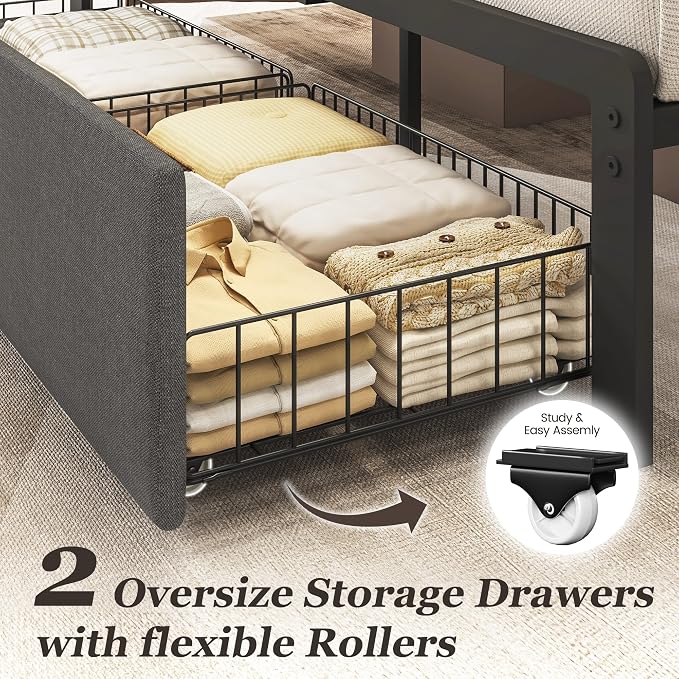 Fluest Queen Bed Frame with 2 Storage Drawers, Upholstered Headboard Button Tufted Bed Frame with Charging Station, No Box Spring Needed, Noise-Free, All Metal Structure, Grey