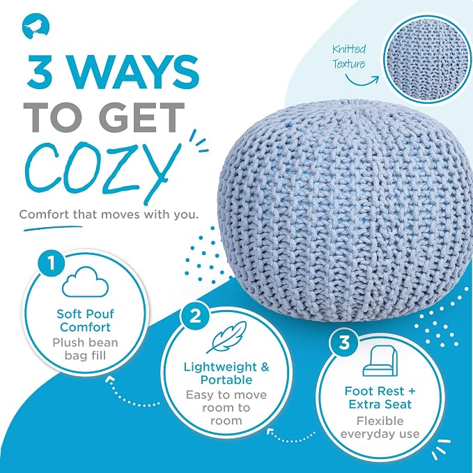 BIRDROCK HOME Round Pouf Ottoman Foot Rest - 18.5”x18.5”x15” Boho Compact Comfortable Soft Cotton Braided Foot Stool with Bean Bag Filling for Living Room, Bedroom, or Nursery (Soft Blue)