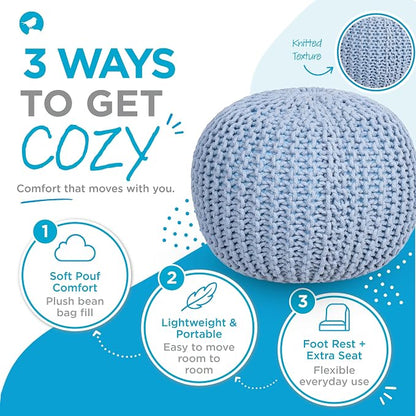 BIRDROCK HOME Round Pouf Ottoman Foot Rest - 18.5”x18.5”x15” Boho Compact Comfortable Soft Cotton Braided Foot Stool with Bean Bag Filling for Living Room, Bedroom, or Nursery (Soft Blue)