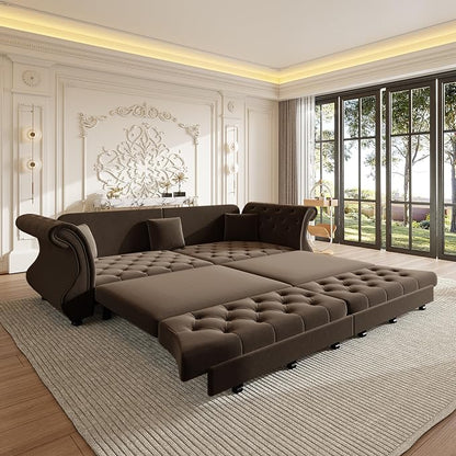97.6" Oversized Pull Out Sofa Bed, Chesterfield Velvet Sleeper Sofa Couch with Roll Arm & Flower Tufting, Heavy Duty Metal Frame Convertible Sofa for Living Room, Apartment, Guest Room, Brown