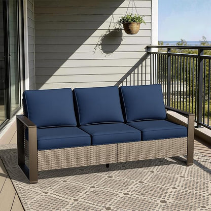 Joyside Outdoor Patio Wicker Sofa, 3-Seater Rattan Sofa with Thick Olefin Cushions and Metal Steel Rectangular Framed Armrest -Looking Metal Armrest Suitable for Garden, Backyard, Porch, Deck, Blue