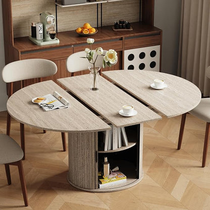 47''-63'' Extendable Round Dining Table for 4-6, Round Dining Room Table with Hidden Storage, Modern Wooden Kitchen Table with Fluted Sliding Door Cabinet for Dining Room Kitchen, White