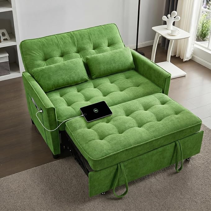 Convertible Sofa Bed, 3 in 1 Pull Out Couch, Loveseat Sleeper with Side Pocket, Sleeper Sofa with Adjustable Backrest | USB Charging Port | Two Pillows | Fabric | Light Green