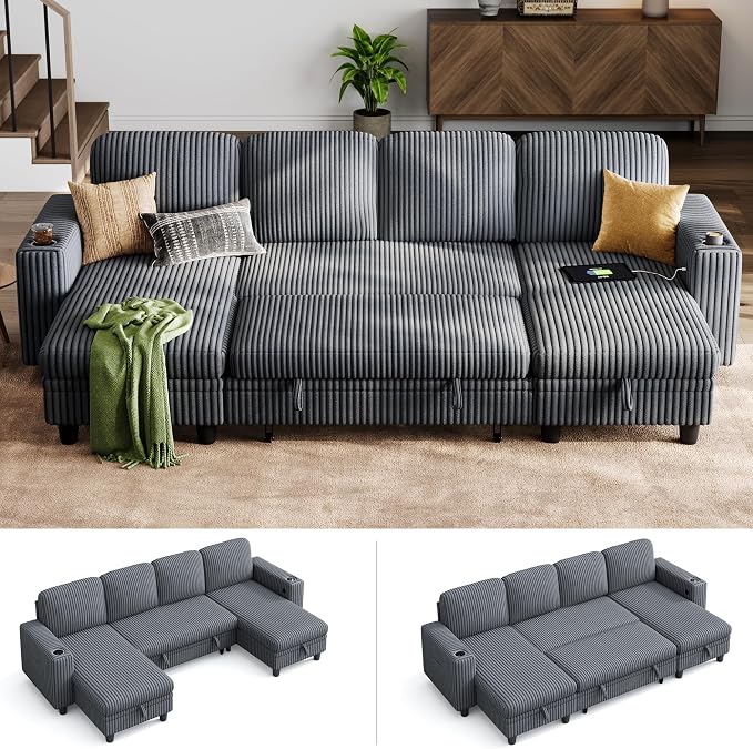 LINSY HOME Sectional Sofa with Pull Out Bed, 4 Seats Corduroy Reversible Sleeper Sofa with Storage Seats, USB Ports, Cup Holders, Side Pocket, U Shape Sectional Couches for Living Room, Gray