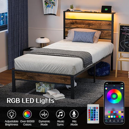Liians Twin Bed Frame with Storage Headboard USB Charging Station, Smart LED Lights, Metal Platform Bed Easy Assembly, No Box Spring Needed