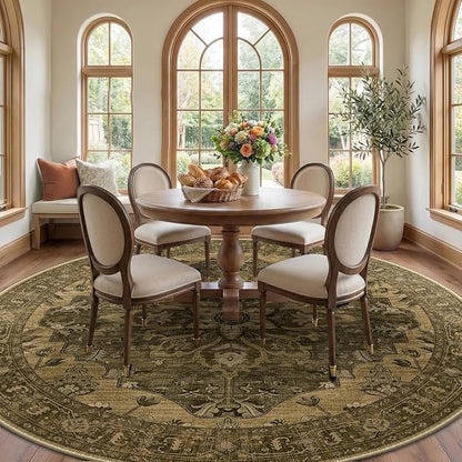 RELEANY Area Rugs Round 8ft Washable Non-Slip, Floral Vintage Distress Medallion Carpet for Living Room Bedroom Dining Room, Brown Dark Brown