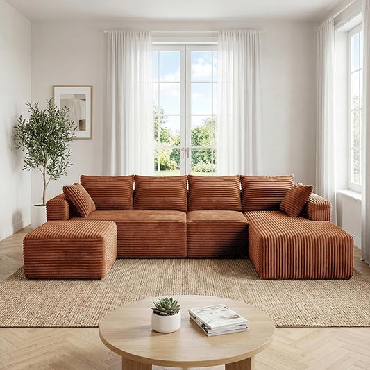 118" Modular Sectional Sofa with Chaise and Ottoman, Oversized U-Shaped Corduroy Cloud Couch, Deep Seat Boneless Couch for Living Room, No-Assembly - Brown (Right Facing Chaise)