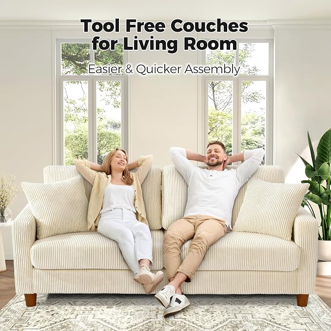 70in Corduroy Couch, Kidirect Sofa No Tool Assembly, Comfy Couches for Living Room 21in Deeper Seats, Corduroy Sofas for Living Room with 2 Pillows, Oversized Loveseat Sofa, Boho Love Seat Beige Couch