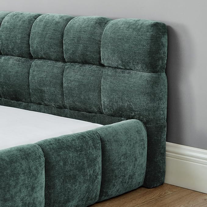KEIKI California King Thick Chenille Platform Bed Frame with Upholstered Tufted Headboard, Modern Solid Wood Floor Platform for Bedroom, No Box Spring Needed