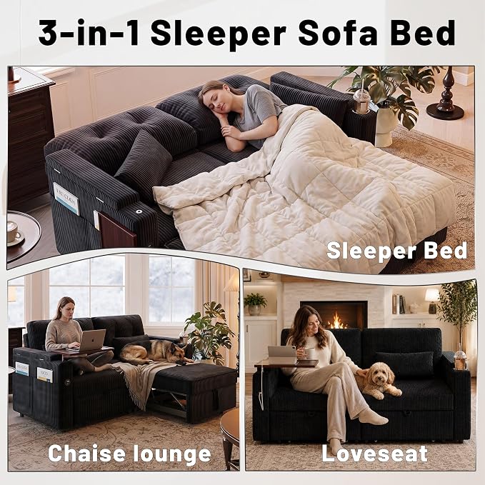 73" Queen Size Sofa Bed, Loveseat Sleeper Sofa with Pull Out Bed, 360° Swivel Table and USB, Modern 2 Seater Convertible Corduroy Couch for Living Room Bedroom Apartment, Black