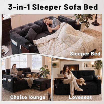 73" Queen Size Sofa Bed, Loveseat Sleeper Sofa with Pull Out Bed, 360° Swivel Table and USB, Modern 2 Seater Convertible Corduroy Couch for Living Room Bedroom Apartment, Black