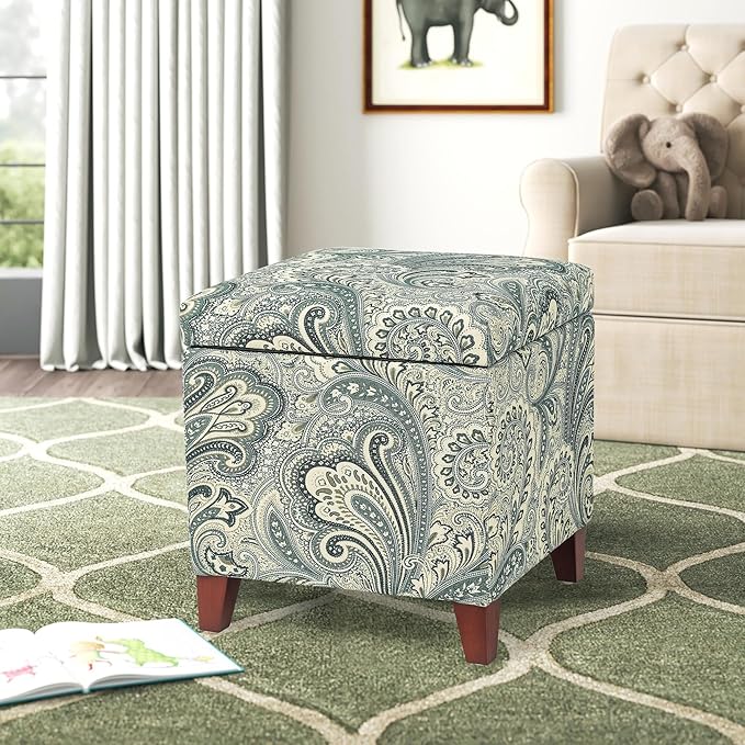 Adeco 18" Cube Storage Ottoman in Blue Paisley, Upholstered Linen Foot Stool & Accent Chair for Entryway, Vanity or Small Spaces