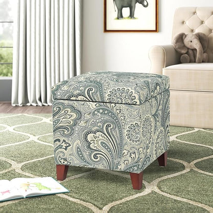 Adeco 18" Cube Storage Ottoman in Blue Paisley, Upholstered Linen Foot Stool & Accent Chair for Entryway, Vanity or Small Spaces