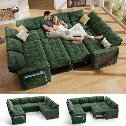 Vipbear 8 Seat U Shaped Modular Sectional Sleeper Sofa with Pull Out Bed/Reclining Backrest/USB Ports/Table/LED Light/Storage Seat, Sectional Sleeper Couch, Tool-Free Assembly, Chenille Green
