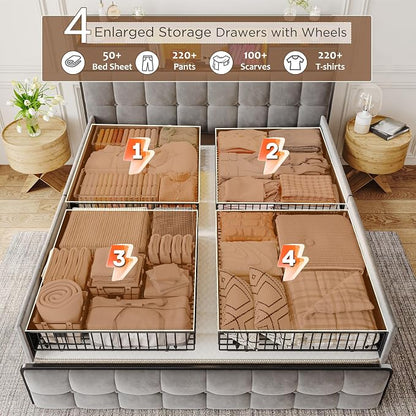 EnHomee Full Size Bed Frame with Velvet Upholstered Headboard and 6 Storage Drawers,Modern Bed Frame Full with LED Lights and Charging Station,No Box Spring Needed,Noise-Free, Easy Assembly,Grey