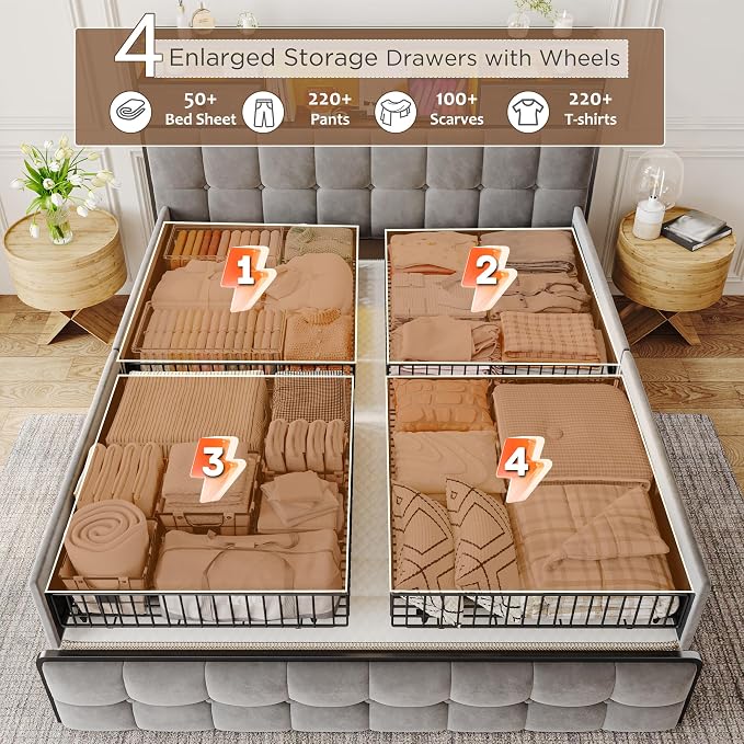 EnHomee Queen Bed Frame with 6 Storage Drawers and 2-Tier Velvet Upholstered Headboard,Modern Bed Frame with LED Lights&Charging Station,No Box Spring Needed,Noise-Free, Easy Assembly,Sturdy,Grey