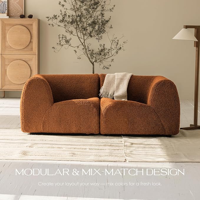 76" Loveseat Modular Sofa with High-Density Foam, 2-Piece Curved Sectional Couches, Boneless Sherpa Deep Seat Couch with Armrest, Cloud Soft Lounge Modern Sofas for Living Room – No Assembly, Brown