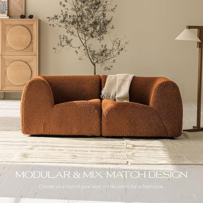 76" Loveseat Modular Sofa with High-Density Foam, 2-Piece Curved Sectional Couches, Boneless Sherpa Deep Seat Couch with Armrest, Cloud Soft Lounge Modern Sofas for Living Room – No Assembly, Brown