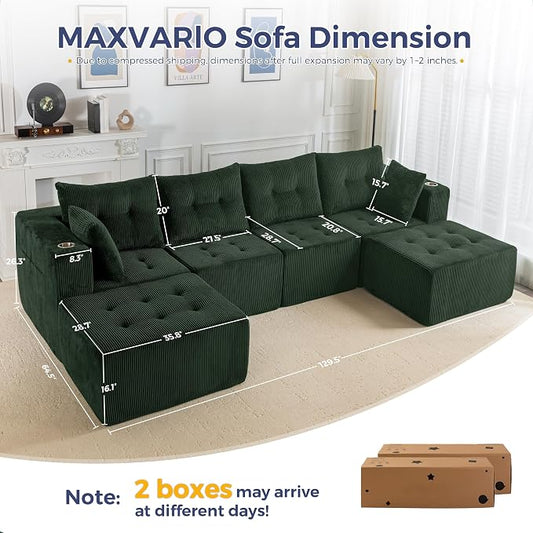 MAXYOYO 129.5" Modular Sectional Sofa Couch, U Shaped Modern Cloud Couch, Sofa in A Box, Tufted 6-Seat Boneless Lounger for Living Room, No Assembly Required, Dark Green