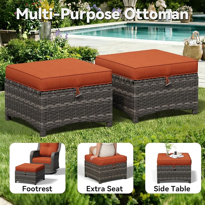 3-Piece Outdoor Couch Set, 1 Wicker Patio Loveseat with Thickened Olefin Cushions, High Back and Deep Seating, Hand-Woven PE Rattan and 2 Ottomans, Patio Conversation Set for Porch, Deck