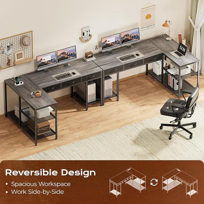 PRAISUN 55 Inch L Shaped Office Desk with Power Outlets and Type-C Port, Large Computer Gaming Desk with 3 Fabric Drawers, Mesh Shelves, Corner Study Work Writing Desk, Grey
