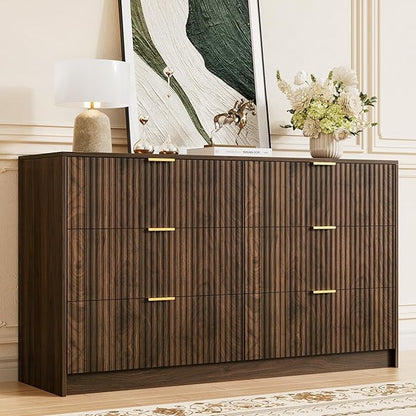Furniway Walnut Dresser for Bedroom, Modern Dresser with 6 Drawers and Smooth Slides, Wide Chest of Drawers with Golden Handles for Bedroom, Living Room, Closet, 15.7" D x 55.1" W x 31.4" H