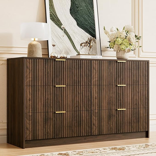 Furniway Walnut Dresser for Bedroom, Modern Dresser with 6 Drawers and Smooth Slides, Wide Chest of Drawers with Golden Handles for Bedroom, Living Room, Closet, 15.7" D x 55.1" W x 31.4" H