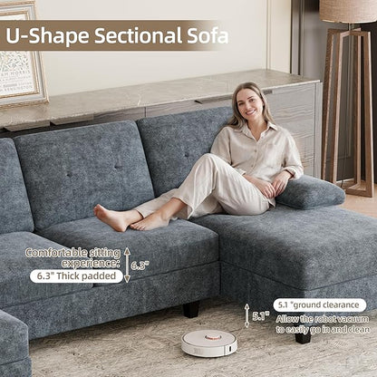 Shintenchi U-Shaped Sectional Couches for Living Room, 4 Seat Sofa with Double Chaise Lounges,Solid Wood Frame Sectional Sofa for Apartment,Dark Grey