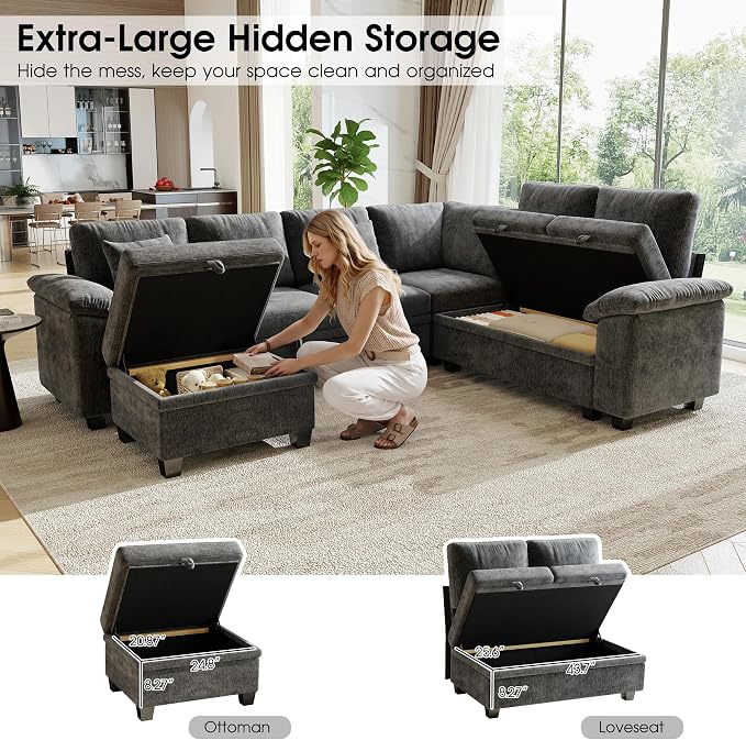 107.8" Modular Sectional Sleeper Sofa with Pull Out Bed, U Shaped 7 Seat Couch with 221L Storage, Convertible Cloud Couch Bed with Ottoman, Sectional Couches for Living Room, Apartment (Gray)