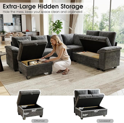107.8" Modular Sectional Sleeper Sofa with Pull Out Bed, U Shaped 7 Seat Couch with 221L Storage, Convertible Cloud Couch Bed with Ottoman, Sectional Couches for Living Room, Apartment (Gray)