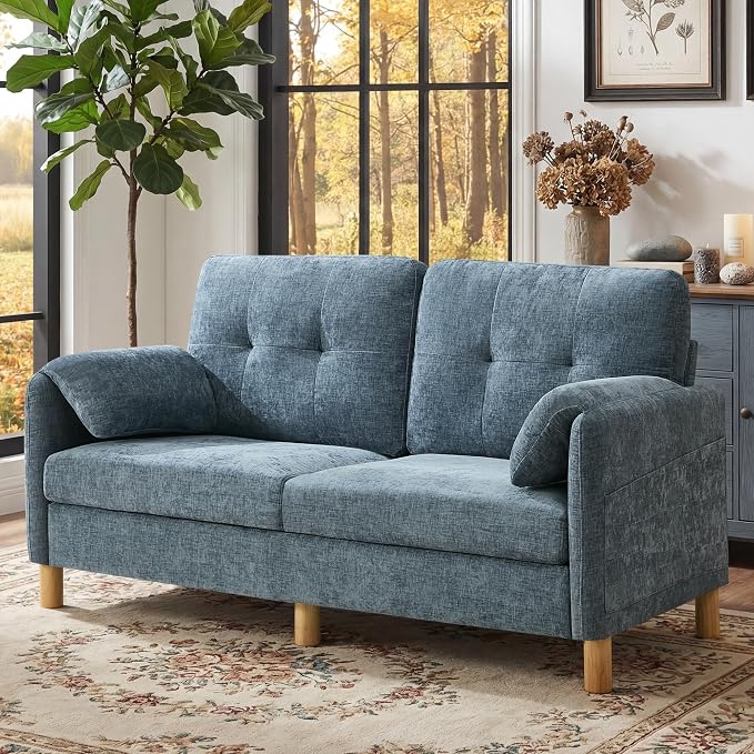 65" Loveseat Sofa, Mid Century Loveseat Couch for Living Room with Storage Pockets, Upholstered Small Loveseat for Small Spaces, Bedroom, Home Office, Apartments, Small Sofa Chenille Navy Blue