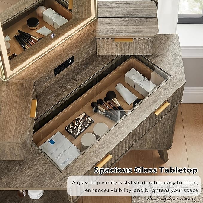 T4TREAM Fluted Makeup Vanity Desk with 3 Way Mirror and Lights, 48" Large Corner Vanity Table with Glass Top, Charging Station, 3 Drawers, Storage Cabinets & Shelves, for Bedroom, Grey Alder
