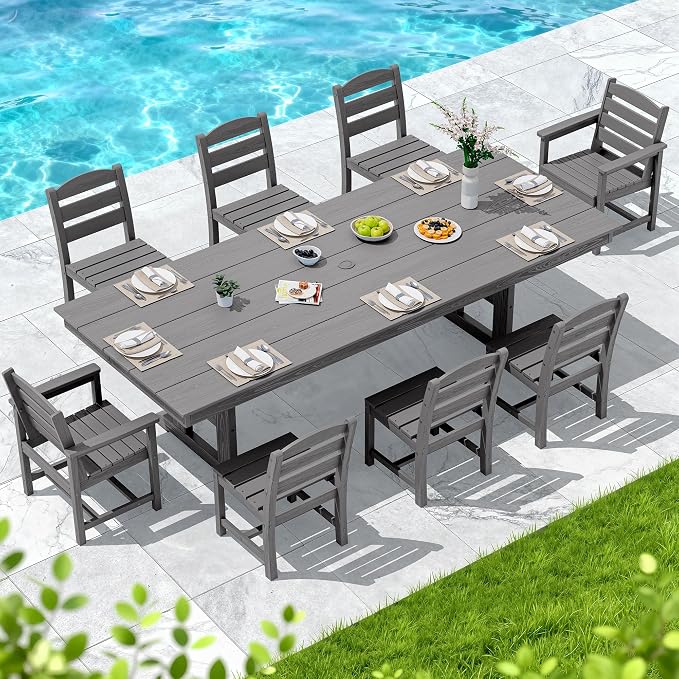SERWALL 9 Piece 84" HDPE Outdoor Dining Set with 6 Armless Chairs, 2 Armchairs and Umbrella Hole for 8, Gray