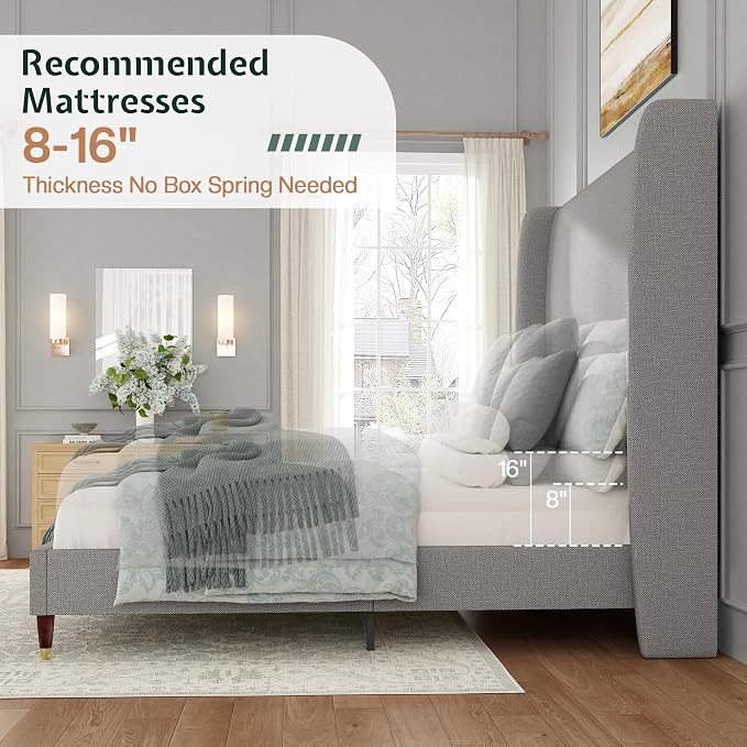 Jocisland Queen Size Bed Frame 51.2" Wingback Headboard Linen Upholstered Platform Bed,Solid Wood Legs & Wooden Slats,No Box Spring Needed,Noise-Free,for Family Guest Room Cozy Home,Light Grey