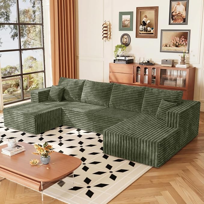 Boneless Couches Sectional Sofa, Compressed Sofa in a Box, U-Shaped Cloud Couch with Deep Seats & Chaise for Living Room, No Assembly Required (Green, 118" U-Shape with Right Facing Chiase)