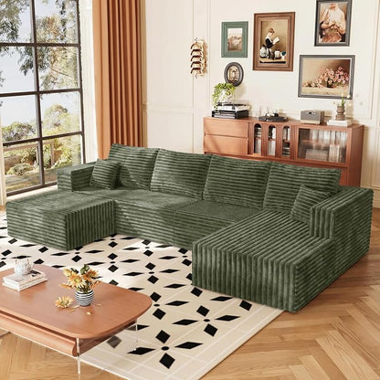 Boneless Couches Sectional Sofa, Compressed Sofa in a Box, U-Shaped Cloud Couch with Deep Seats & Chaise for Living Room, No Assembly Required (Green, 118" U-Shape with Right Facing Chiase)