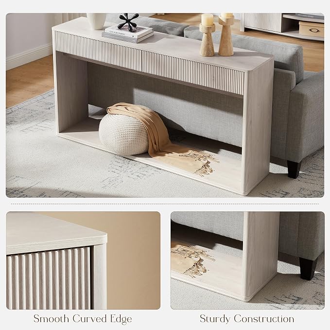 OKD 63" Fluted Console Table for Entryway, Modern Entryway Table with 2 Large Drawers, Long Sofa Table Behind Couch for Living Room, Hallway, Couch, Foyer，Alder White