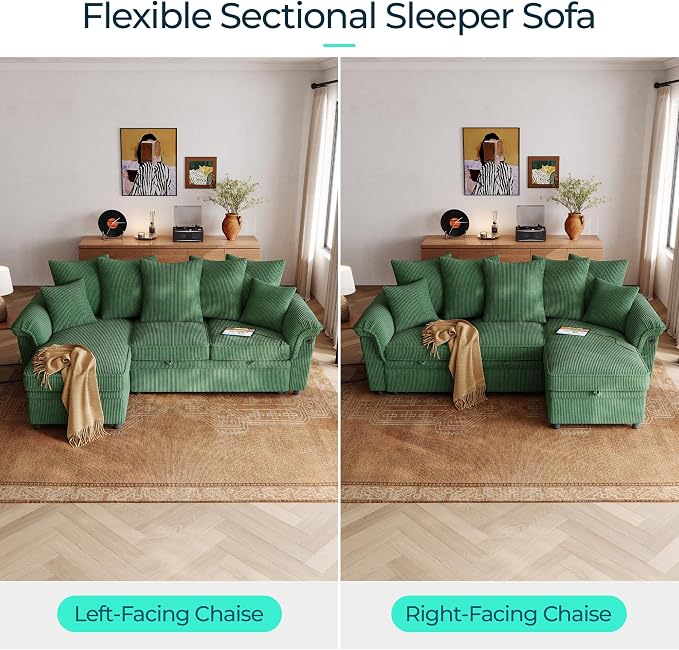 LINSY HOME 90.5'' Sectional Sleeper Sofa with Pull Out Couch Bed Modular (Green, 90.5'') | USB Charging