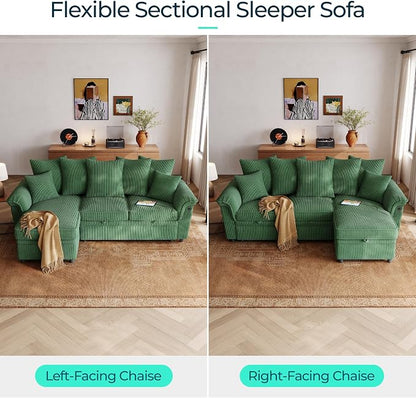 LINSY HOME 90.5'' Sectional Sleeper Sofa with Pull Out Couch Bed Modular (Green, 90.5'') | USB Charging