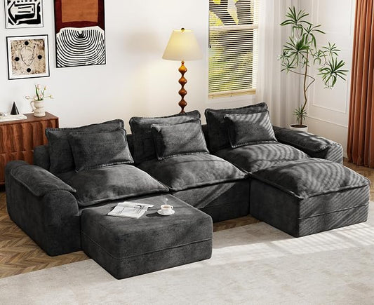 Hobestluk 120" Cloud Modular Sectional Couch 3-Seater Sofa with Ottomans U Shaped Couches Deep Seat Boneless Sofa Large Sofa for Living Room (Dark Grey, 3-Seater Sofa with Two Ottomans)