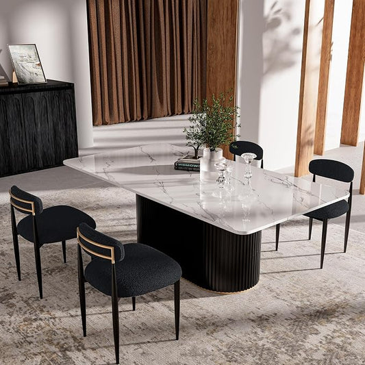 Morden Fort Modern Dining Table Set for 4, 70" Kitchen Table with Marble Rectangle Top and Black Fluted Base, 4 Boucle Upholstered Chairs for Dining Room, Restaurant and Reception